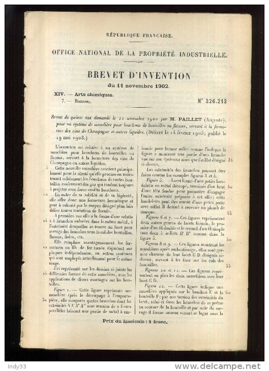 - SYSTEME DE MUSELIERE POUR BOUCHONS DE BOUTEILLES  . BREVET D´INVENTION DE 1903 . - Autres & Non Classés