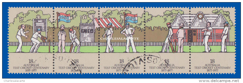 AUSTRALIA 1977  CRICKET ANNIVERSARY  STRIP FINE USED  S.G. 647a - Oblitérés