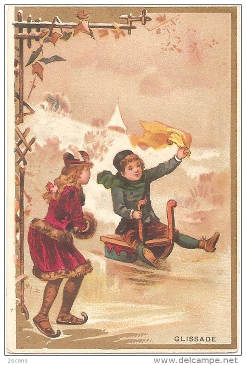 Chromo EAU DES CARMES BOYER (Paris) - "Glissade" (patinoire, Patins à Glace, Luge) - 7,3 X 11 Cm - Autres & Non Classés