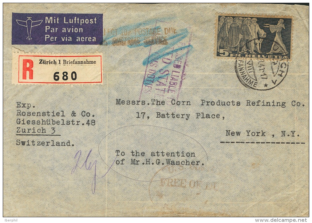 Suiza. Yvert 314c Sobre. 1941. 5 Fr Pizarra Sobre Gris Verdoso. Certificado De ZURICH A NUEVA YORK (U.S.A.). En El Frent - Altri & Non Classificati