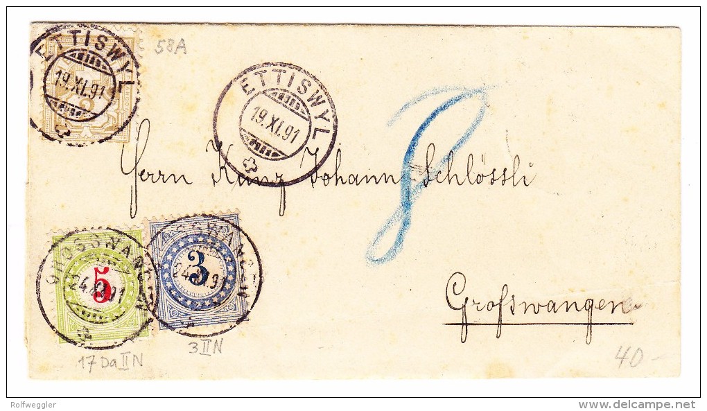 Schweiz 24.11.1991 Grosswangen 3 U 5Rp Porto Auf Brief Aus Ettiswyl - Segnatasse