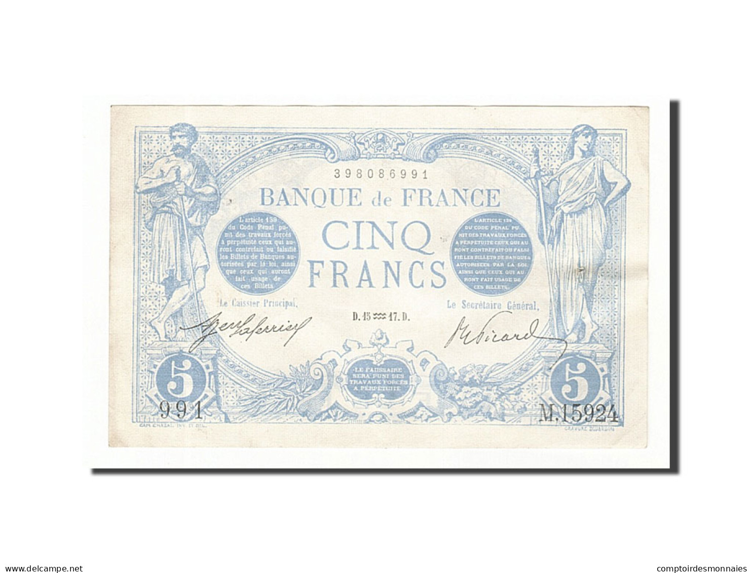 Billet, France, 5 Francs, 5 F 1912-1917 ''Bleu'', 1917, 1917-01-15, SUP+ - 5 F 1912-1917 ''Bleu''