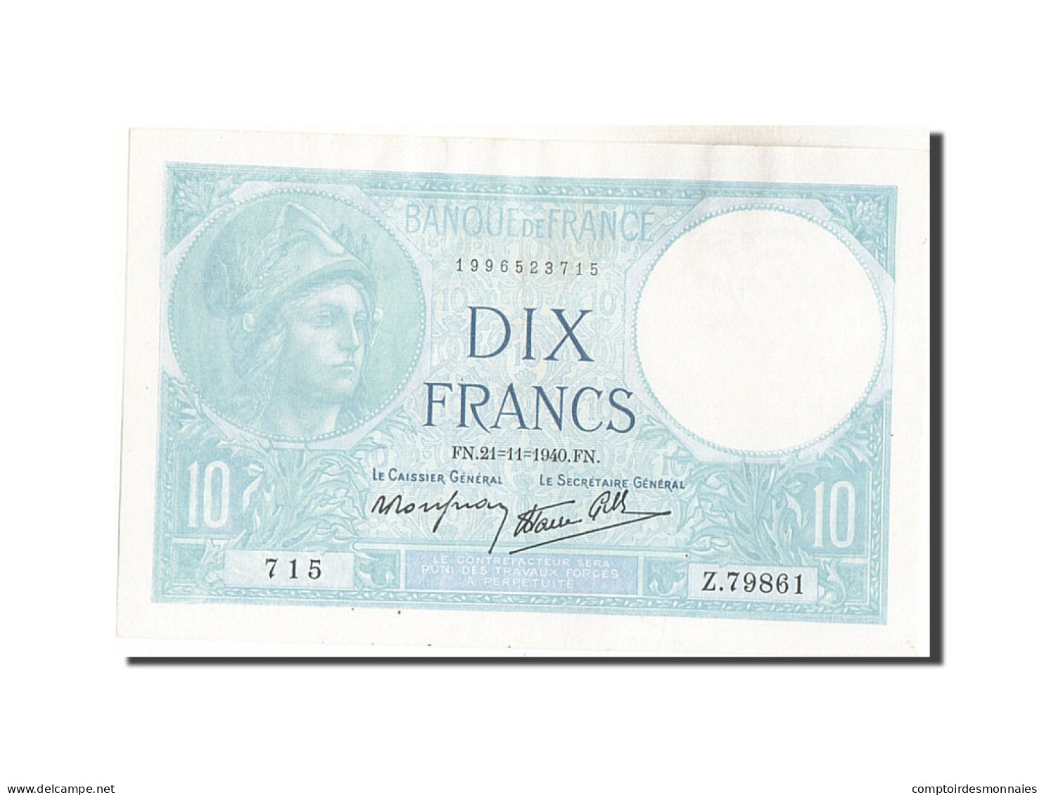 Billet, France, 10 Francs, 10 F 1916-1942 ''Minerve'', 1940, 1940-11-21, SUP - 10 F 1916-1942 ''Minerve''