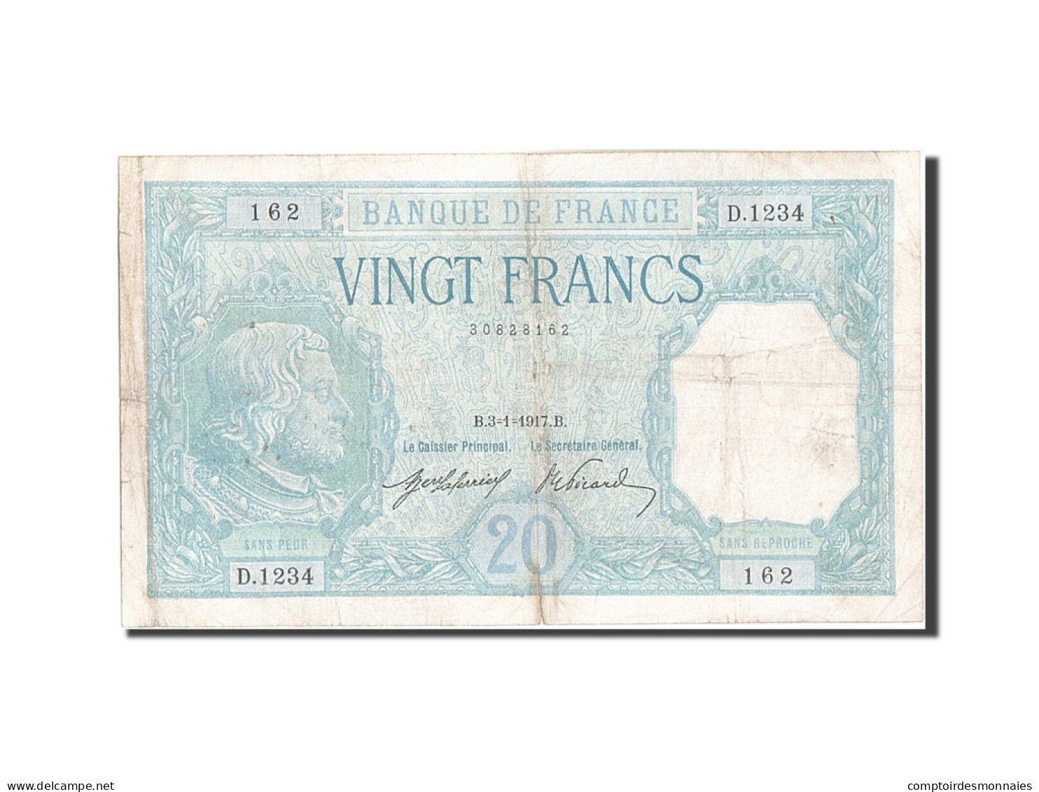 Billet, France, 20 Francs, 20 F 1916-1919 ''Bayard'', 1917, 1917-01-03, TB+ - 20 F 1916-1919 ''Bayard''