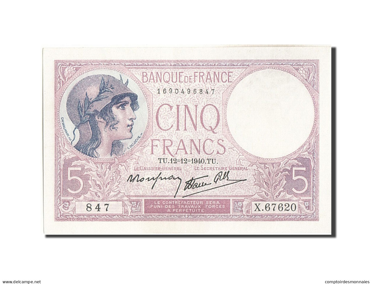 Billet, France, 5 Francs, 5 F 1917-1940 ''Violet'', 1940, 1940-12-12, SPL - 5 F 1917-1940 ''Violet''