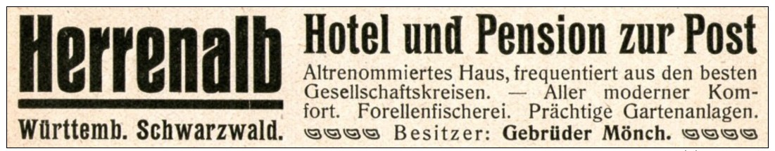 Original-Werbung/ Anzeige 1914 - HERRENALB / WÜRTTEMBERG / HOTEL - PENSION ZUR POST - Ca. 115 X 20 Mm - Werbung