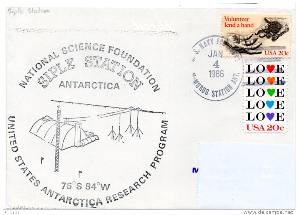 Polaire. Pli USA Research Program. Cachet à Date Mc. Murdo Station Du 04/01/86. Cachet Illustré Siple Station Antarctica - Navires & Brise-glace