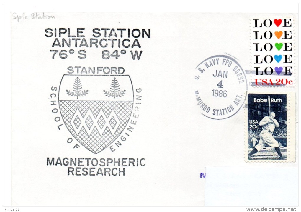 Polaire. Pli USA Magnetospheric Research. Cachet à Date Mc. Murdo Station Du 04/01/86. Cachet Illustré Siple Station. - Navires & Brise-glace