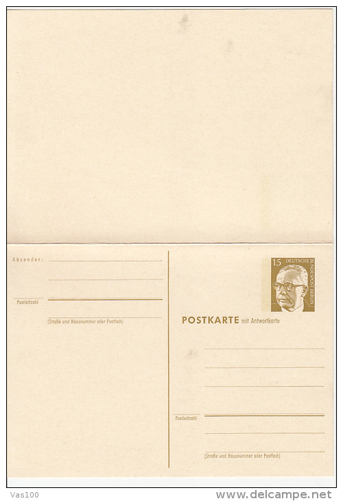 PRESIDENT GUSTAV HEINEMANN, PC STATIONERY WITH ANDWER POSTCARD, ENTIER POSTAL, 1970, GERMANY - Postcards - Mint