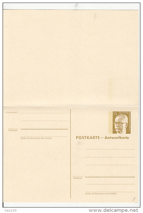 PRESIDENT GUSTAV HEINEMANN, PC STATIONERY WITH ANDWER POSTCARD, ENTIER POSTAL, 1970, GERMANY - Cartes Postales - Neuves