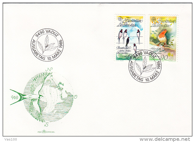 BIRDS, SWALLOWS, SONGBIRD, COVER FDC, 1986, LIECHTENSTEIN - Hirondelles