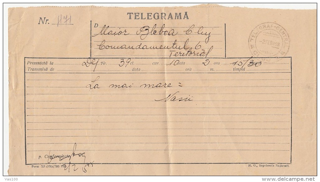 TELEGRAMME SENT FROM DEJ TO CLUJ NAPOCA, 1968, ROMANIA - Télégraphes