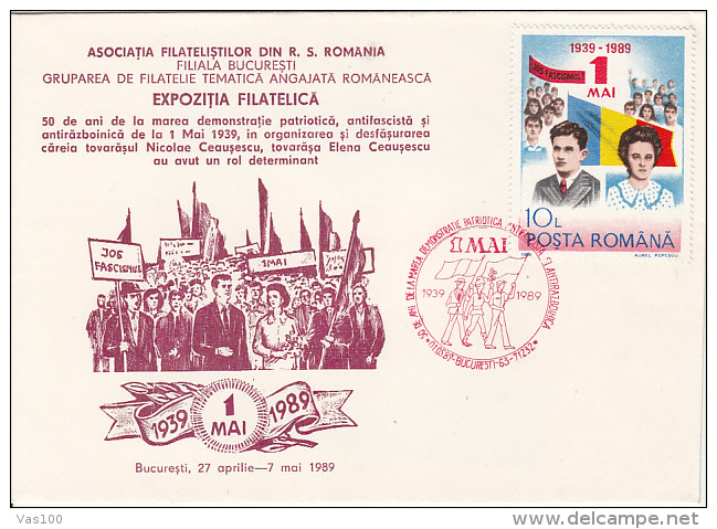LABOUR DAY, 1ST OF MAY PHILATELIC EXHIBITION, SPECIAL COVER, 1989, ROMANIA - Covers & Documents