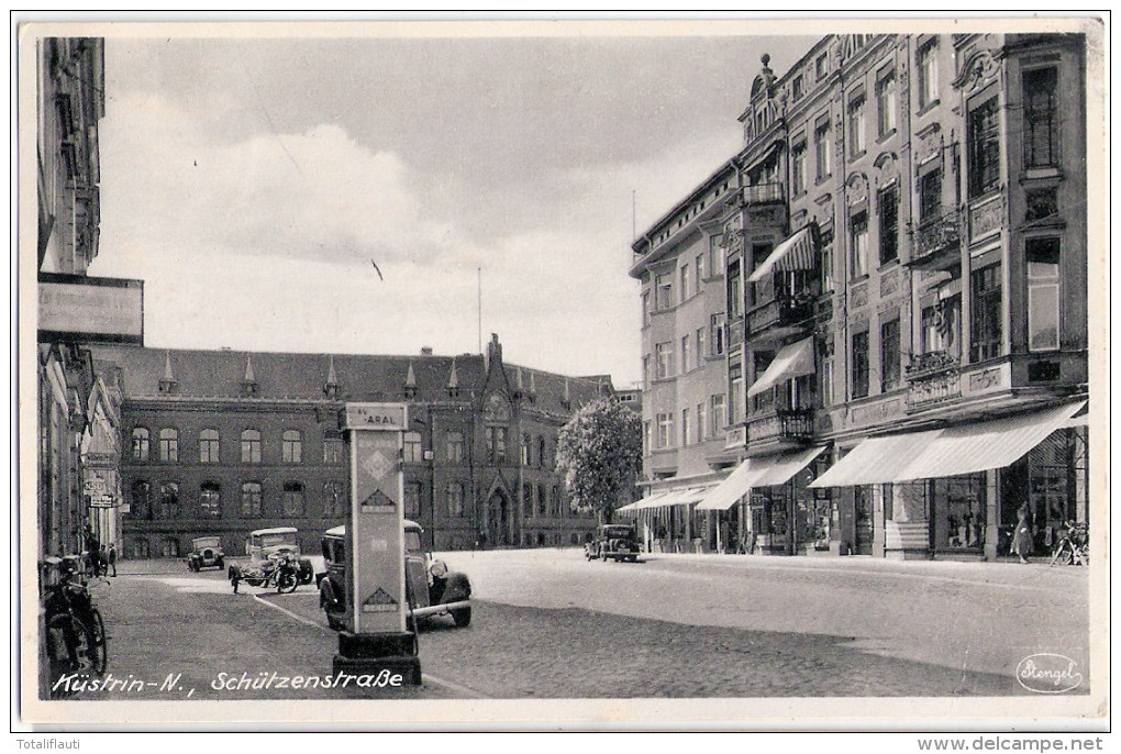 KÜSTRIN Neustadt Schützenstraße ARAL Tanksäule Oldtimer Geschäfte NSU Motorrad Mit Beiwagen + Geschäft 6.7.1942 - Neumark