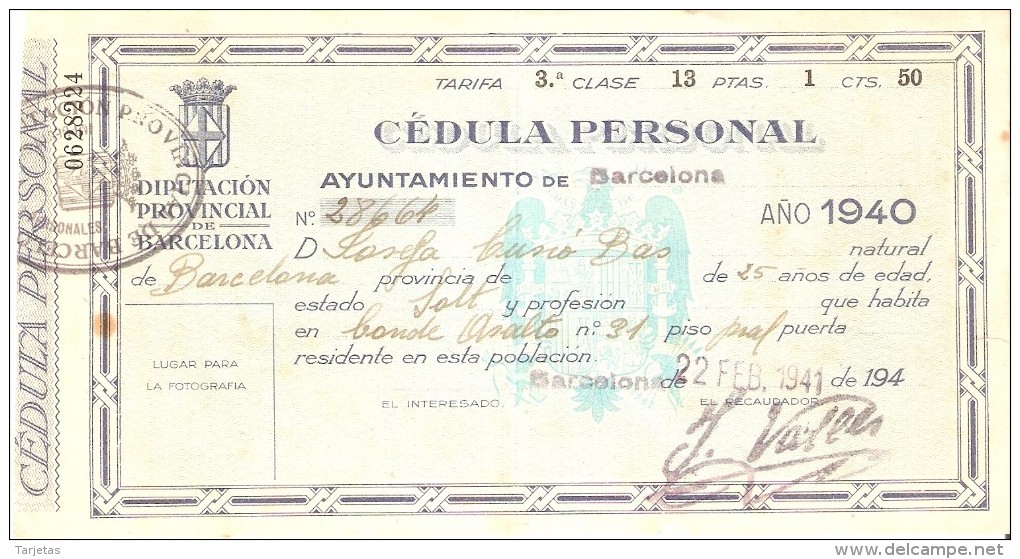 CEDULA PERSONAL DEL AÑO 1941 DEL AYUNTAMIENTO DE BARCELONA - Spain