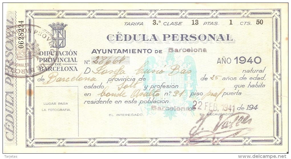 CEDULA PERSONAL DEL AÑO 1941 DEL AYUNTAMIENTO DE BARCELONA - España