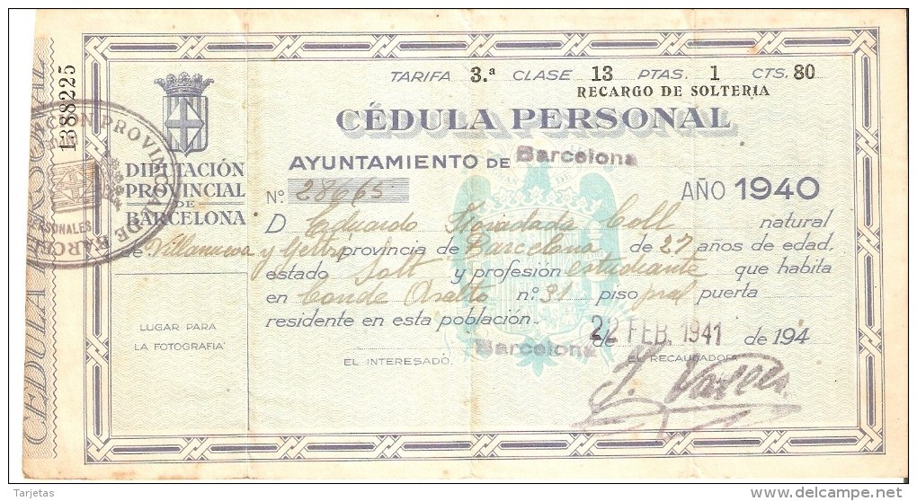 CEDULA PERSONAL DEL AÑO 1941 DEL AYUNTAMIENTO DE BARCELONA - España