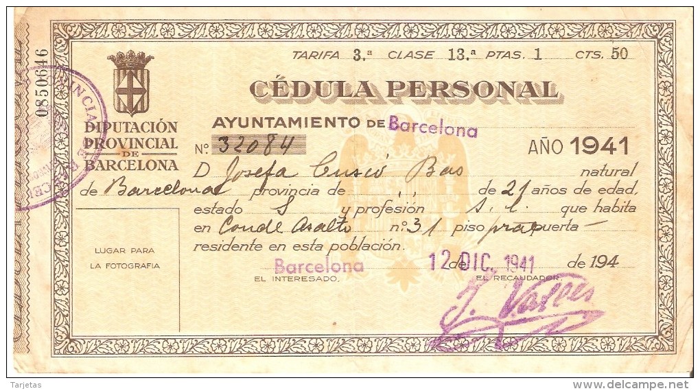 CEDULA PERSONAL DEL AÑO 1941 DEL AYUNTAMIENTO DE BARCELONA - Spain