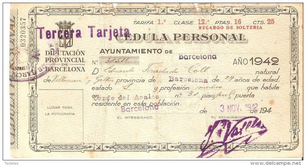 CEDULA PERSONAL DEL AÑO 1942 DEL AYUNTAMIENTO DE BARCELONA - TERCERA TARJETA - España