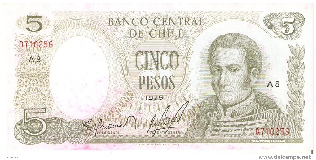 BILLETE DE CHILE DE 5 PESOS DEL AÑO 1975 DE J.M.CARRERA (BANK NOTE) - Chile