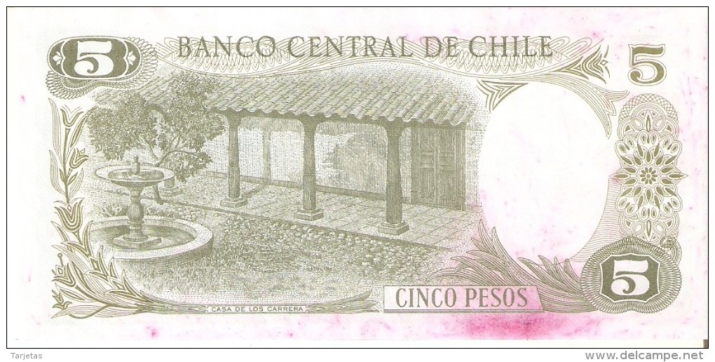 BILLETE DE CHILE DE 5 PESOS DEL AÑO 1975 DE J.M.CARRERA (BANK NOTE) - Chile