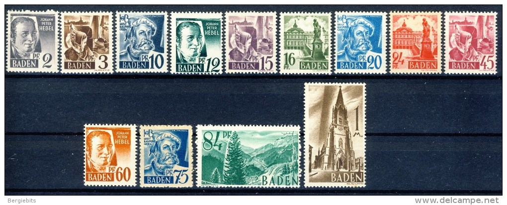 1947 Germany French Zone Baden MNH Complete Set Of 13 Stamps " Definitives" , Michel 1-13 - Andere & Zonder Classificatie