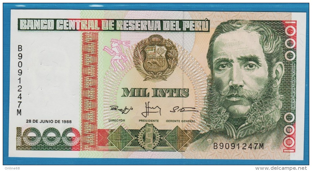 PERU 1000 Intis  28.06.1988 # B9091247M   P#136b  Marshal Andrés Avelino Cáceres - Perú