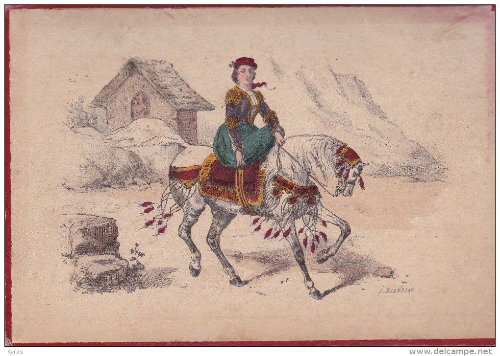 Illustration Sur Carton 12,5X18 . FEMME (Espagnole?) A CHEVAL . Illust. J. BLONDEAU - Other & Unclassified