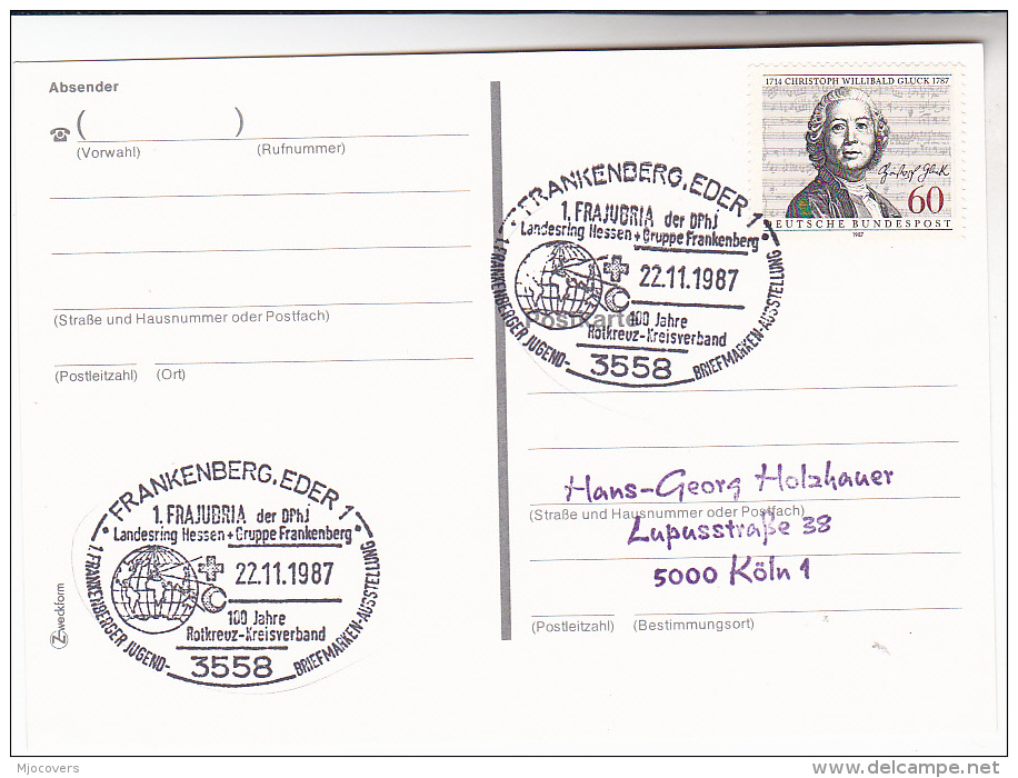 1987  COVER Frankenberg RED CROSS ANNIV EVENT Card Germany  Gluck Music Stamps - Red Cross