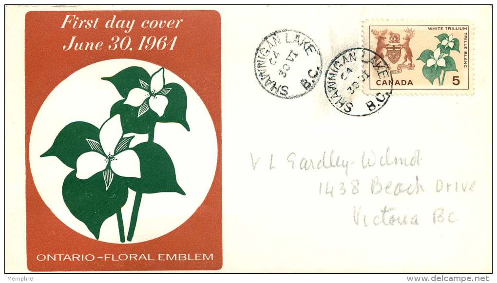 1964  White Trillium, Flower Of Ontarion Sc 418   Caneco Cachet  Shawinigan Lake BC Cancel - 1961-1970