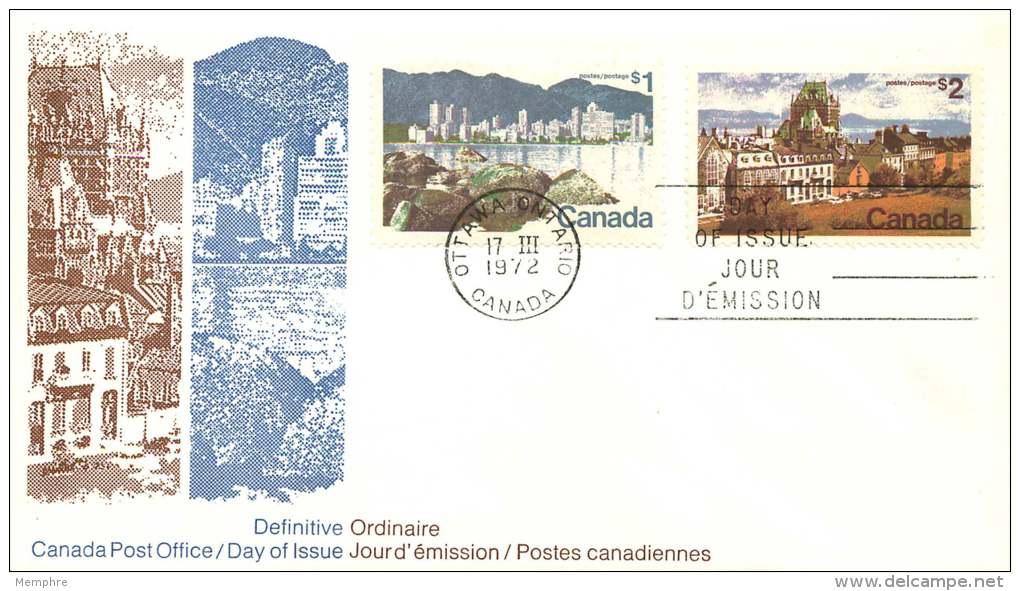 1972  $1 Vancouver  And $2  Quebec City  Definitives  Sc 600-1 Combination Official Unaddressed FDC - 1971-1980