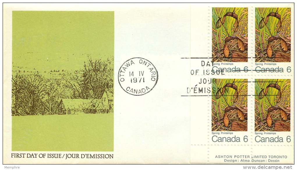 1971  Maple Leaf In Spring  Sc 535    LL Plate Block Of 4 Official FDC Unaddressed - 1971-1980