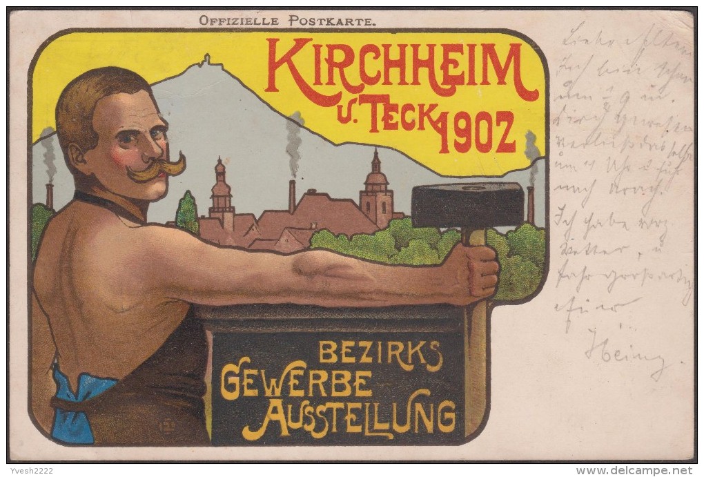 Allemagne 1902. Entier Timbré Sur Commande. Exposition D'industrie Kirchheim. Moustachu, Marteau, Muscles, Cheminées - Pollution