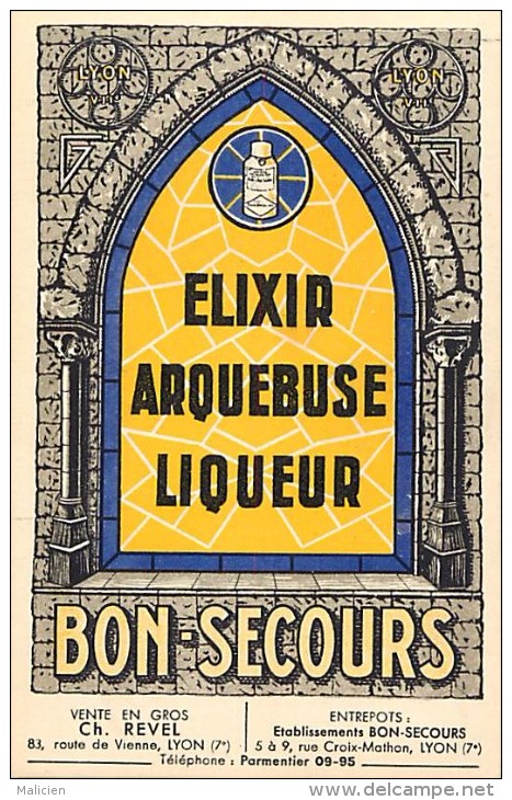 - Ref -H163 - Publicite - Elixir Arquebuse Liqueur - Bon Secours - Lyon - Rhone - Au Verso Flacon Sport Pour Le Camping - Publicité