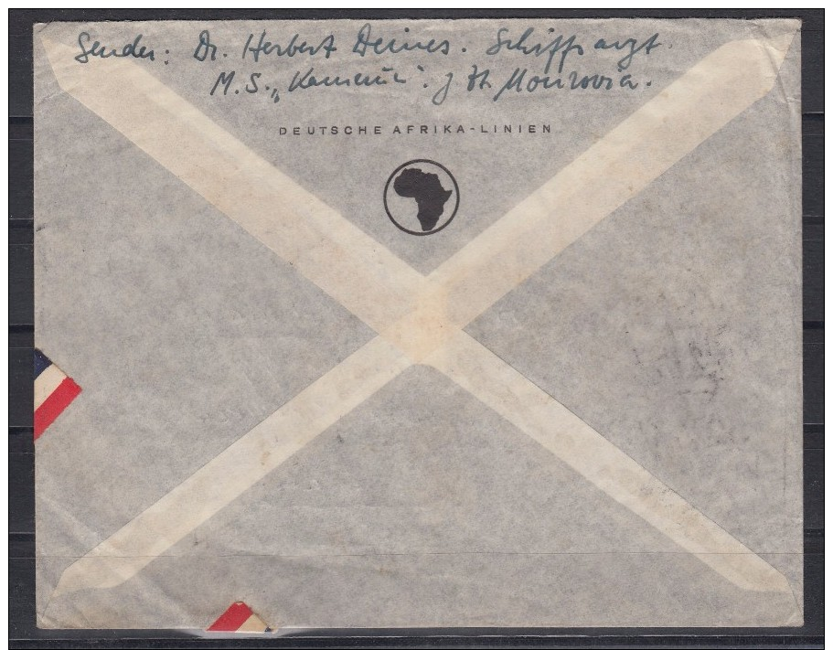 Liberia 23.VII.38 Luftpostbrief Monravia-Hamburg MiF 288+3x297 Als Kehrdruck, Rs Absender MS Kamerun - Liberia