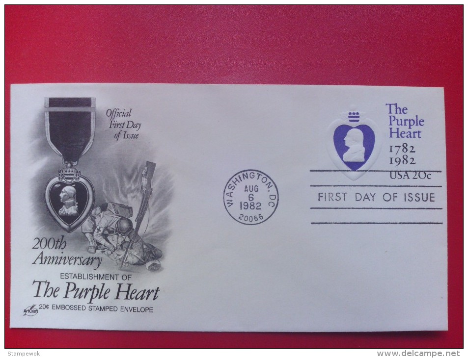 1982 USA - Pre-stamped Envelope - Purple Heart Medal 200th Anniv. - Artcraft FDC (Medal)(Washington) - 1981-00