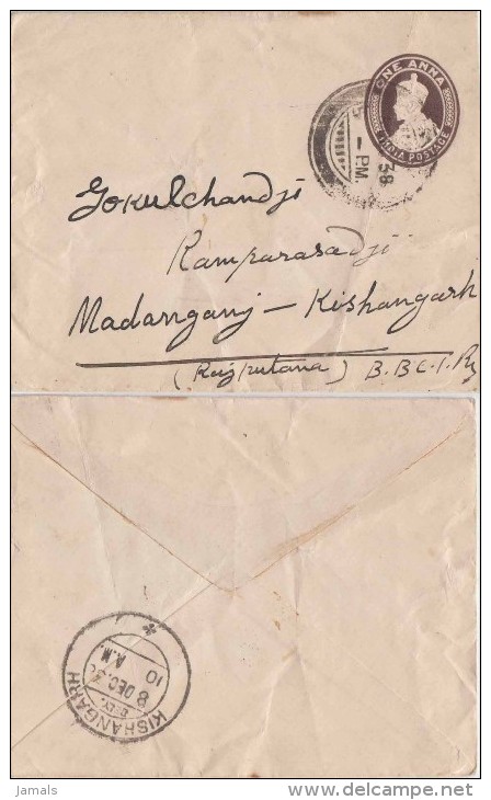 Br India, King George V, Postal Envelope, Sent To Kishangarh, Inde Indien - Kishengarh