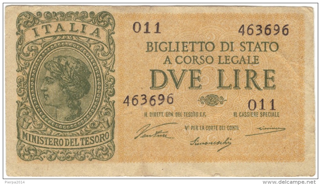 ITALIA - 2 LIRE ITALIA LAUREATA - (Firme: Ventura / Simoneschi / Giovinco - Decr. 23/11/1944) LUOGOTENENZA - Italia – 2 Lire