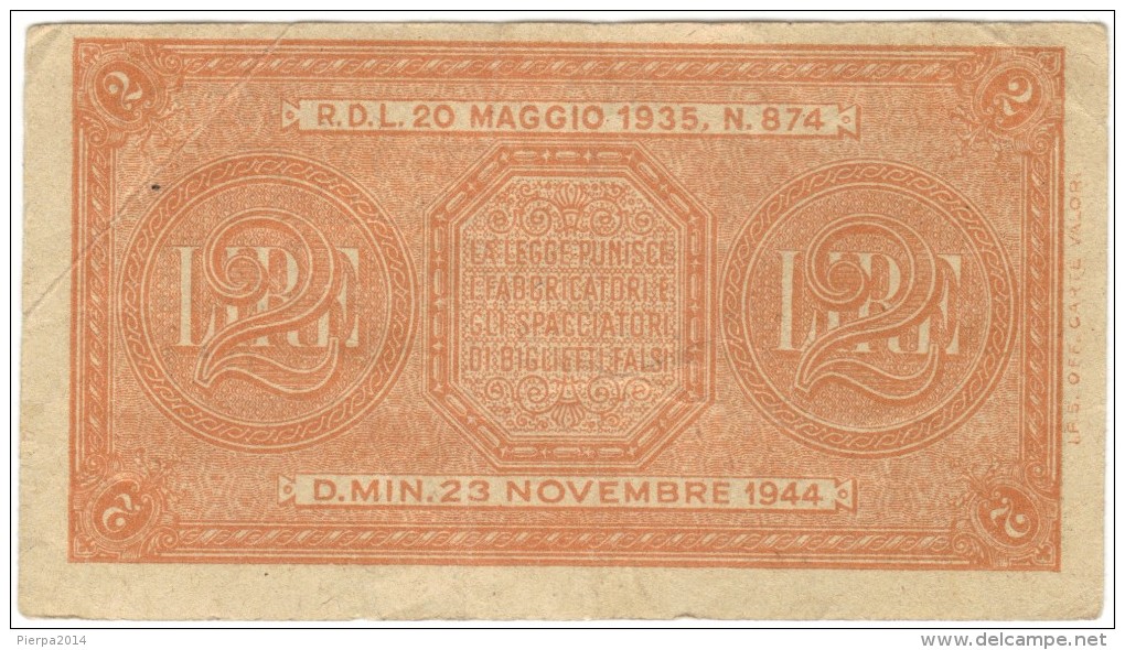 ITALIA - 2 LIRE ITALIA LAUREATA - (Firme: Ventura / Simoneschi / Giovinco - Decr. 23/11/1944) LUOGOTENENZA - Italia – 2 Lire