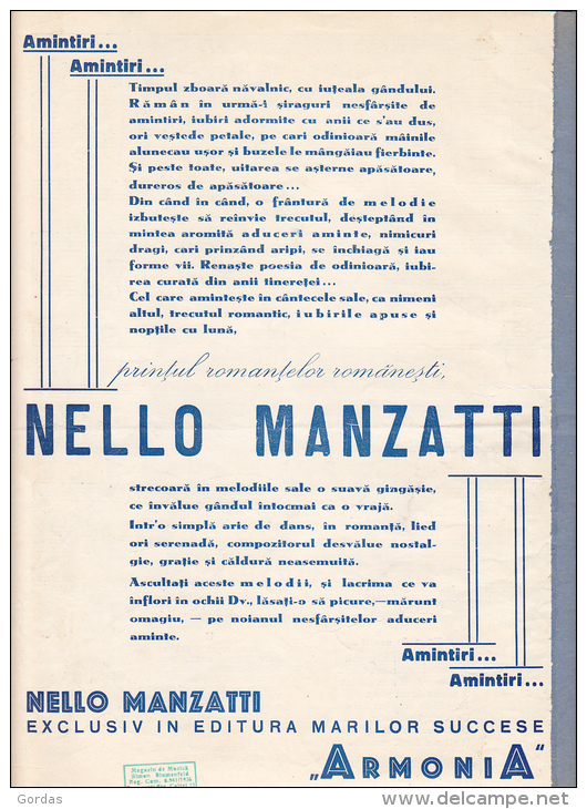 Romania - " Vant De Seara" - Romanta - Nello Manzatti - Radu Gyr - Partitura - Partitions Musicales Anciennes