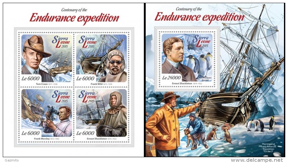 Sierra Leone 2015, South Pole Expedition Endurance, Pinguins, Ships, 4val In BF +BF - Explorateurs & Célébrités Polaires