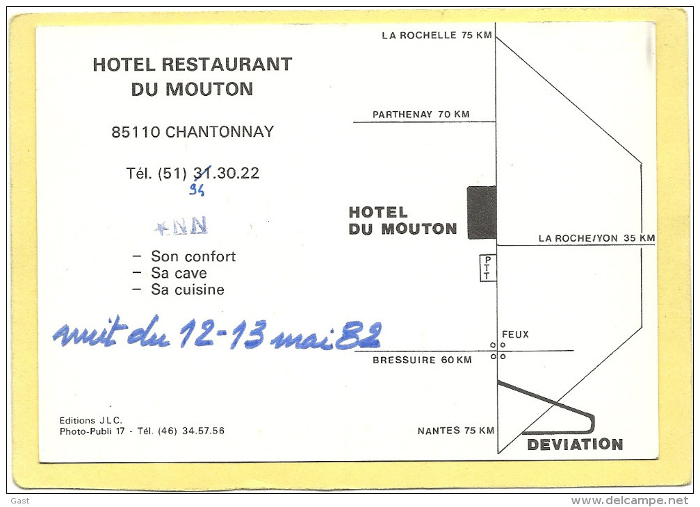 85  CHANTONNAY  HOTEL RESTAURANT  DU  MOUTON  TEL  94 30 22 - Chantonnay