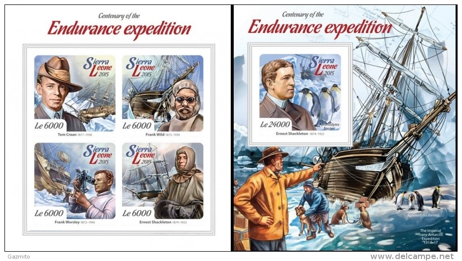 Sierra Leone 2015, South Pole Expedition Endurance, 4val In BF +BF IMPERFORATED - Explorateurs & Célébrités Polaires