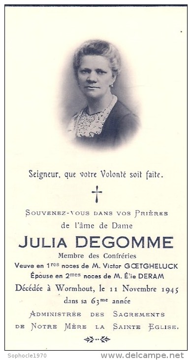 NORD PAS DE CALAIS - 59 - NORD  - WORMHOUT - Carte Mortuaire Julia Degomme è 1945 - Wormhout