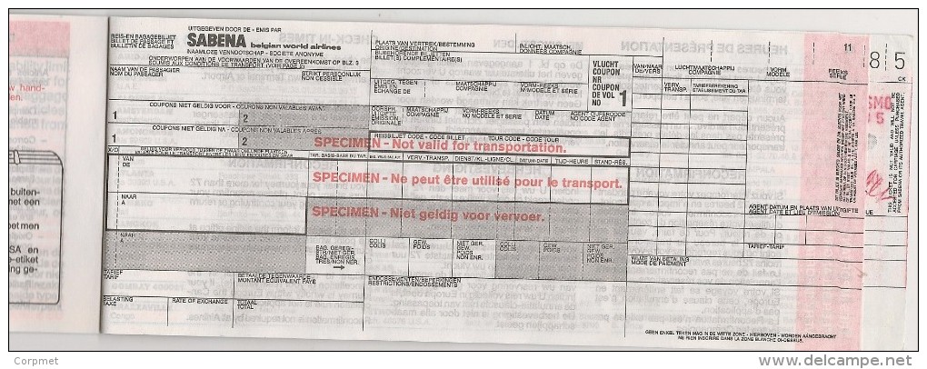 SABENA - BELGIAN WORLD AIRLINES - 1987 TICKET LISBOA-BRUXELLES-LISBOA - Including SPECIMEN Page - RARE !! - Europa