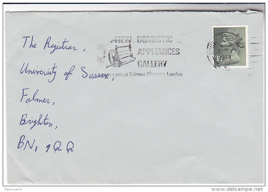 1974 South Kensington GB COVER Illus SLOGAN Pmk NEW DOMESTIC APPLIANCES GALLERY OPEN AT SCIENCE MUSEUM Ilus MANGLE Stamp - Lettres & Documents