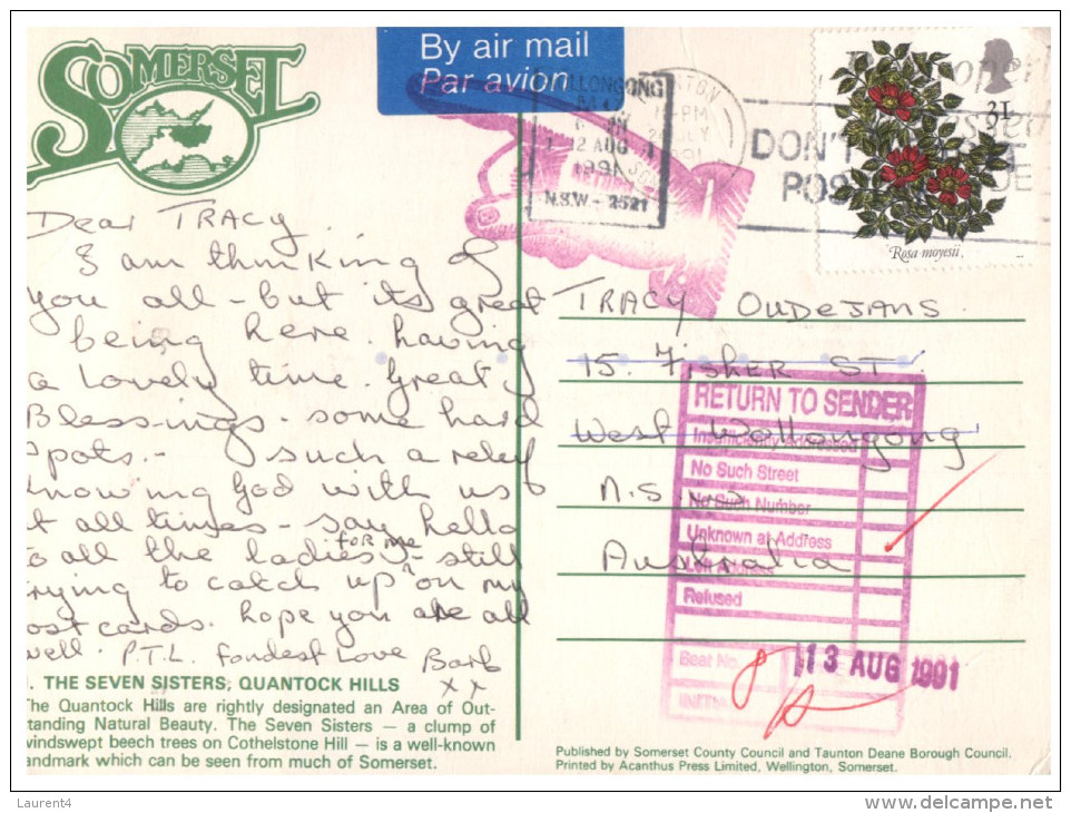 (PH 404) UK Posted To Australia - Return To Sender (RTS - DLO) Purple Cachet Back Of Postcard - Seven Sisters Trees - Alberi