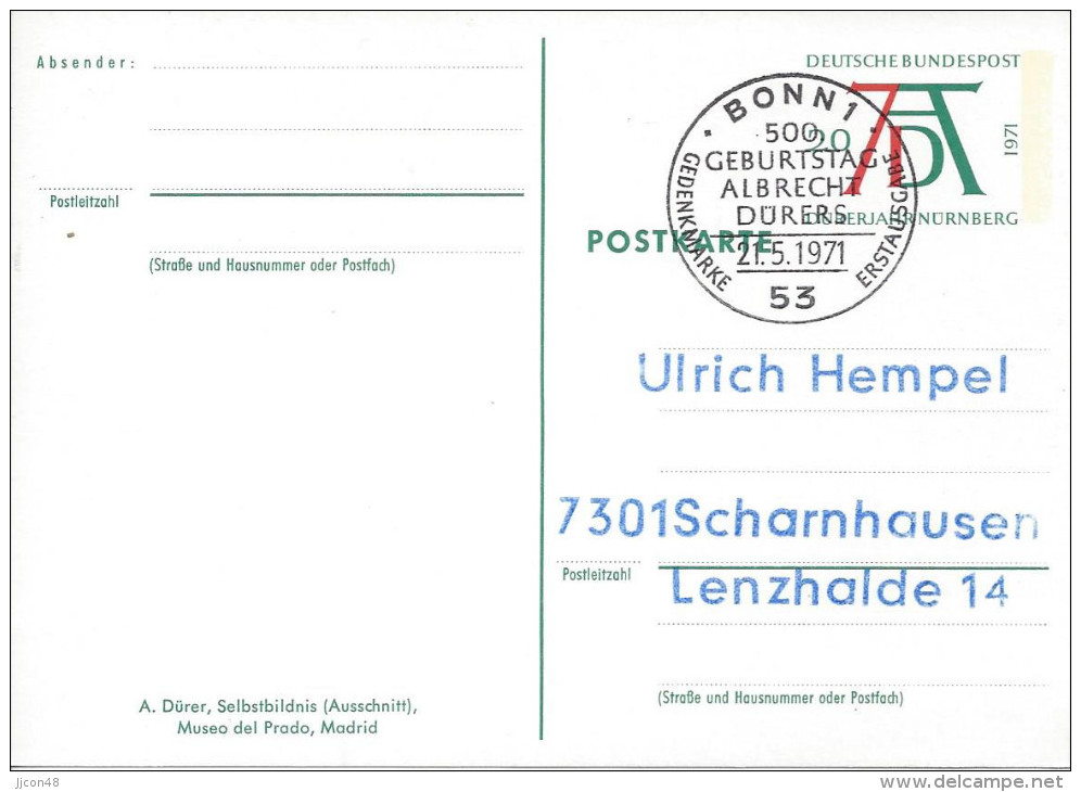 Germany (BRD) 1971  Albrecht Durer (o)  PSo 3/01 A.Durer (see Scans) - Illustrated Postcards - Used
