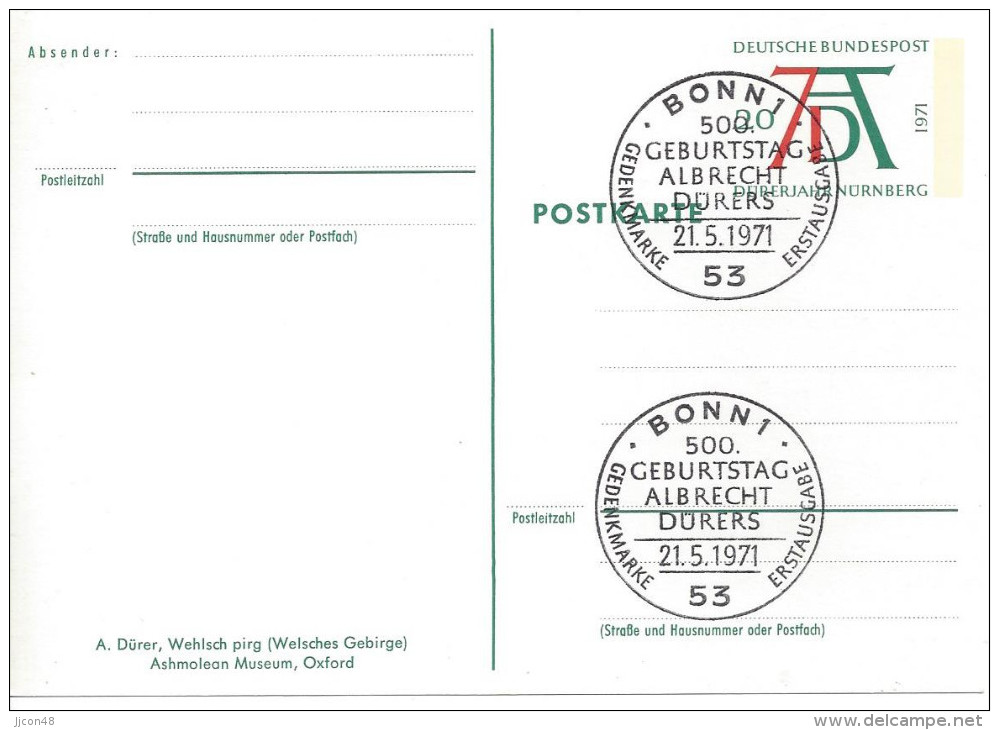 Germany (BRD) 1971  Albrecht Durer (o)  PSo 3/02 Wehlsch Pirg (see Scans) - Cartes Postales Illustrées - Oblitérées