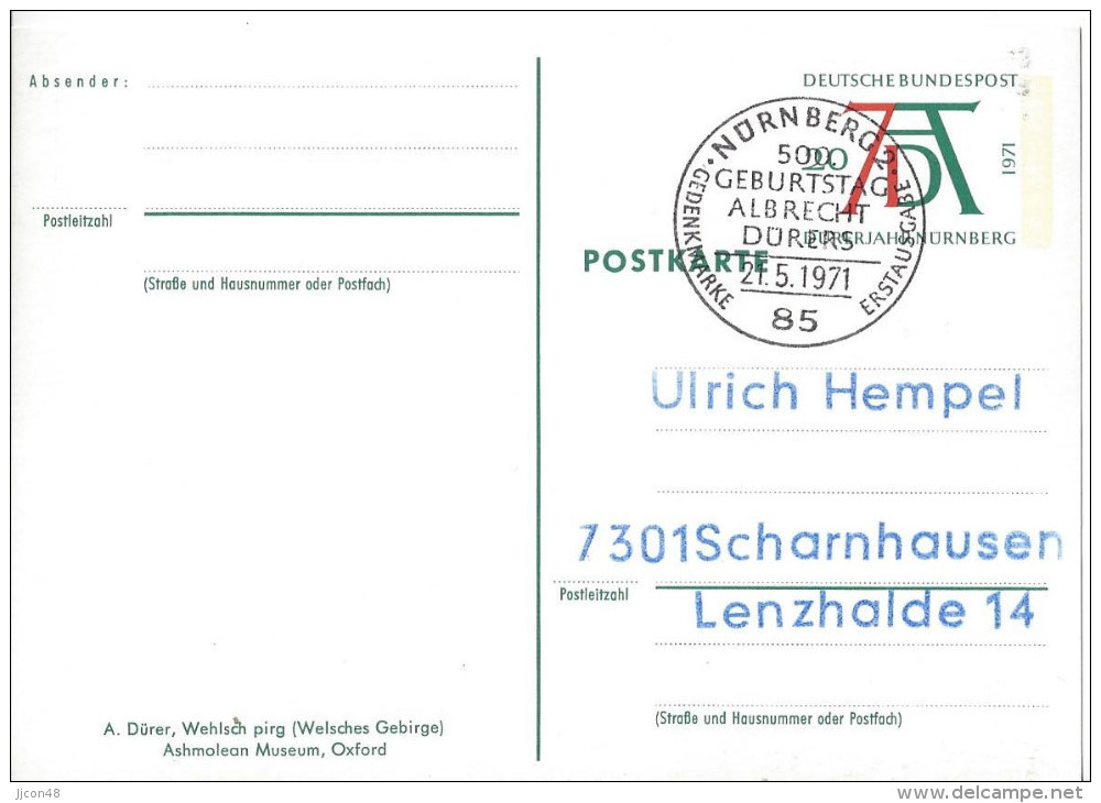 Germany (BRD) 1971  Albrecht Durer (o)  PSo 3/02 Wehlsch Pirg (see Scans) - Cartes Postales Illustrées - Oblitérées